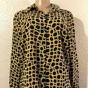 Naomi Collar V neck Women Sz M Shirt Long Sleeve Circle pattern Black/Yellow C1